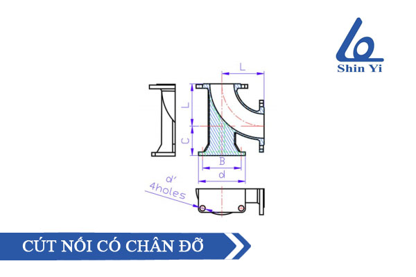 Cấu tạo cút nối có chân đỡ - phụ kiện ống gang PVC hãng Shinyi