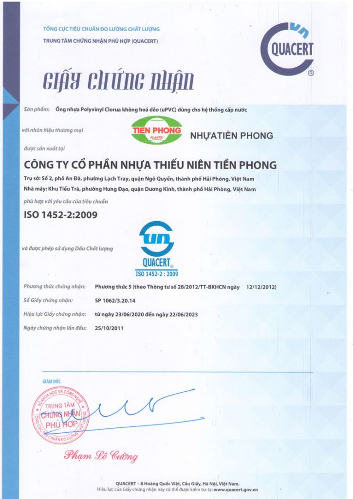 Chứng nhận ISO ống PVC Tiền Phong