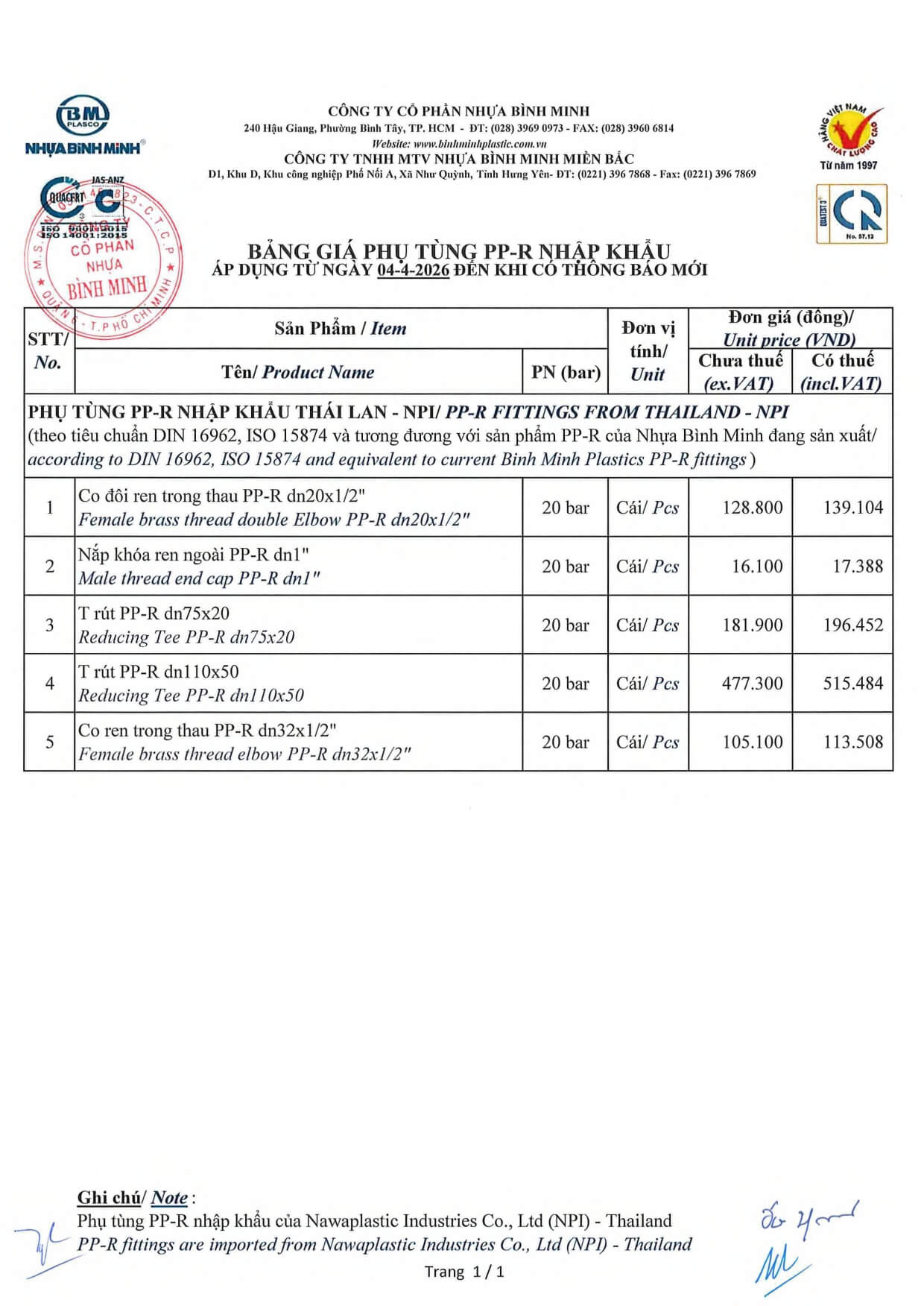 bảng giá phụ kiệnống ppr bình minh